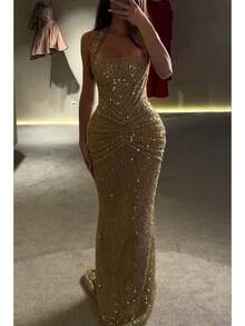2026 Spring/Summer New Design Metallic Beaded Neckline Fashion Dress For Women - Ideal For Vacation Parties And Casual Events - Women's Gift - 金色 - 查看 7