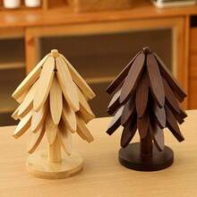 5-Piece Set Of Solid Wood Insulation Mat, Heat-Resistant Table Mat, Tree Shaped Design, Household Heat-Resistant, Tableware Mat, High-Quality Cup Holder, Natural Foldable Kitchen Wooden Tripod, Suitable For Hot Dishes, Pots, Bowls, Teapots, Christmas Decoration - Multicolor - View 6