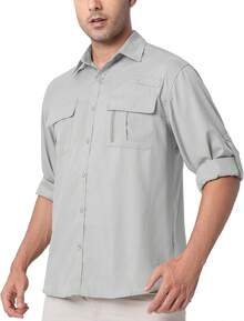 Men's Lightweight UV Protection Safari Shirt For Outdoor Travel - Grey - View 1
