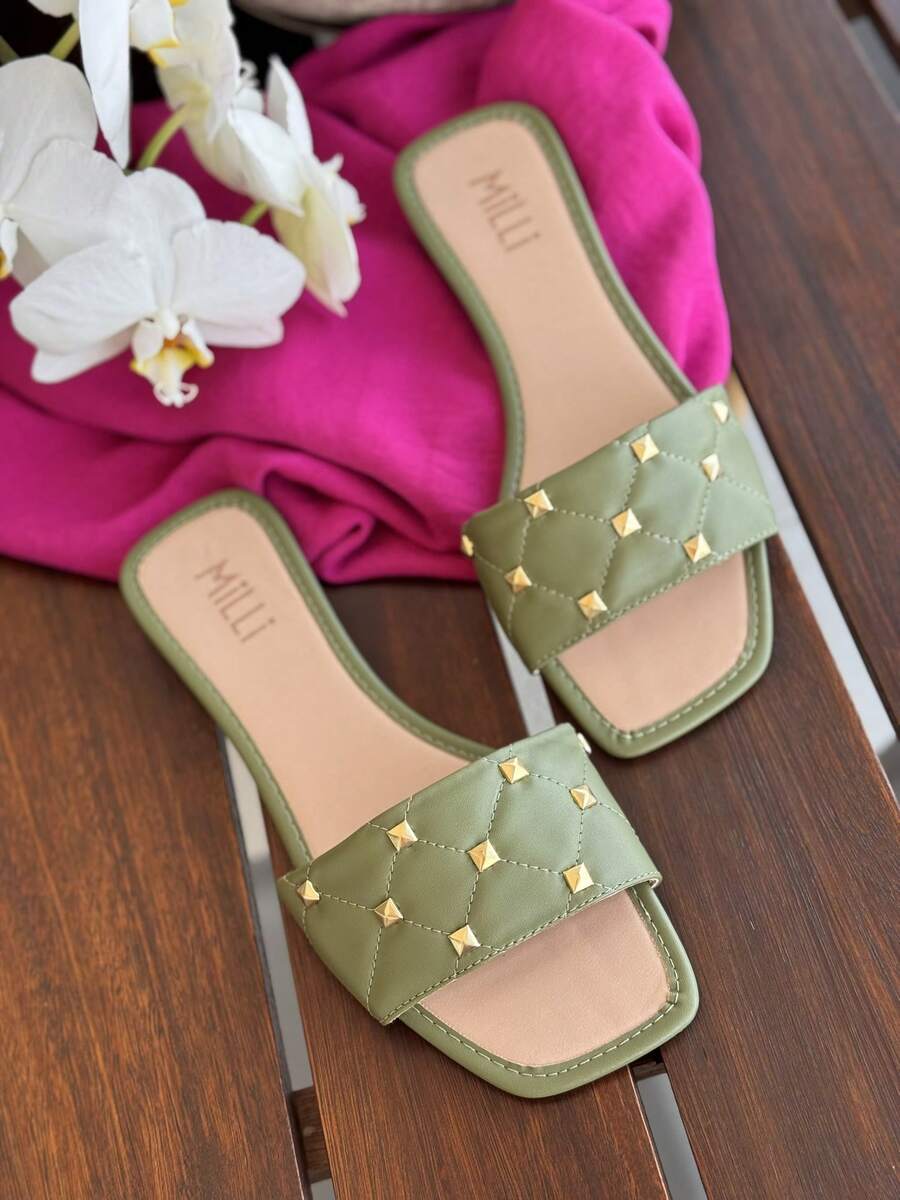 Renata Milli Milli Elegant Women's Flat Sandal, Stylish Beach Sandal, PU Leather, Appliques, Spikes, Studs, Summer Beach - 橄欖綠 - 查看 1