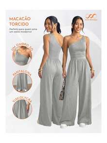 Women's Long Jumpsuit, Wide Leg, Tank Top, One-Shoulder, Draped, International Fashion - 灰色 - 查看 4