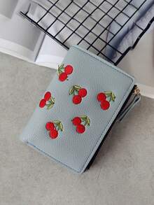 女士竖款按扣樱桃刺绣极简小钱包，PU防水轻便现金夹，送给女朋友的理想礼物 - 彩色 - 查看 12