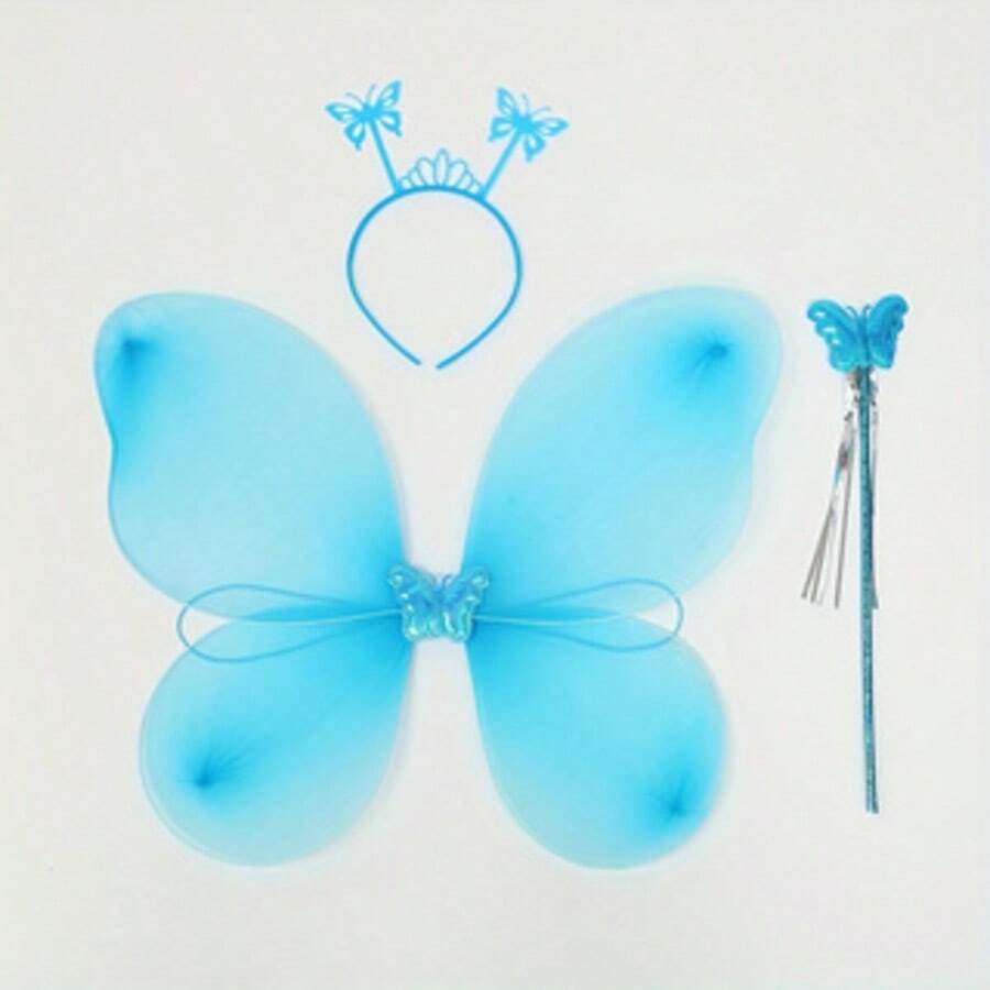 Set de 3 piezas, Alas de hada en múltiples opciones de esquema de color - Accesorio de disfraz de fiesta lindo para todas las ocasiones, perfecto para cosplay y fiestas temáticas, accesorio de disfraz de cosplay | Diseño juguetón | Alas coloridas - Azul - Ver 1