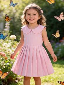 1pc Girls Casual Cute Dopamine Outfit Pleated Hem Peter Pan Collar Pink Dress, Spring/Summer - Pink - View 3