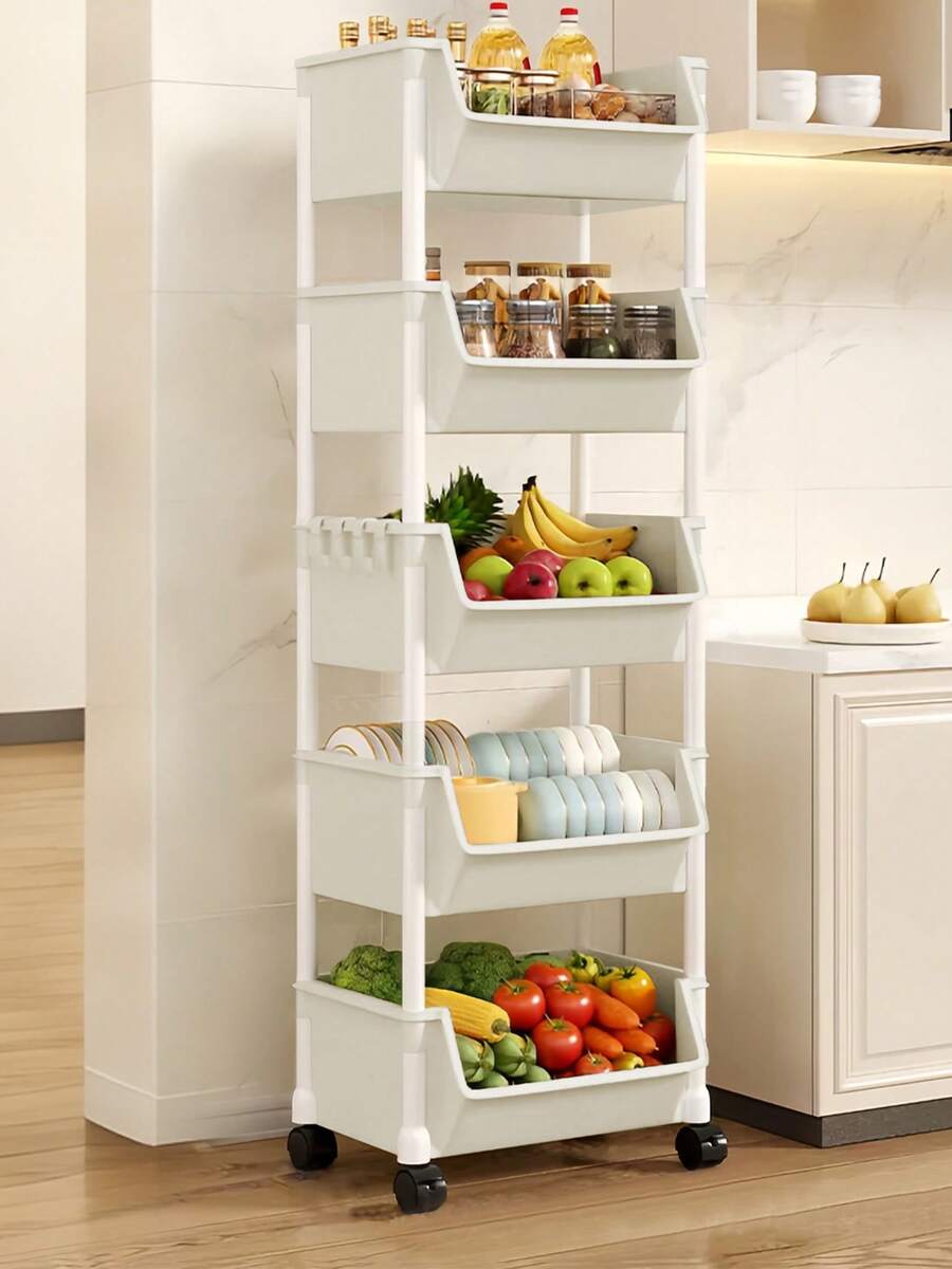 Storage Rolling Cart With Wheels, Storage Cart, Utility Rolling Cart With Lockable Wheels, Multifunction Kitchen Storage Organizer, Bathroom Organizers And Storage, Dorm Essentials, 4/5 Tier Multi-Functional Storage Trolley For Office, Living Room, Kitchen, Movable Storage Organizer With Wheels, White Rolling Storage Cart Plastic Utility Cart, Organization And Storage Valentines Gift - 米色 - 查看 1