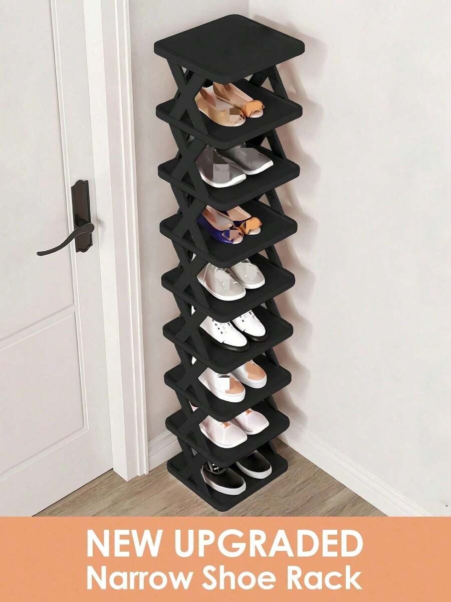 Vertical Multi-Tier Shoe Rack, Space-Saving Narrow Shoe Cabinet, Small Shoe Shelf, Self-Assembly Freestanding Shoe Storage Organizer, Suitable For Entryway, Closet, Hallway, Easy Assembly And Stable Structure, Black And White Color, Plastic Made, Reusable