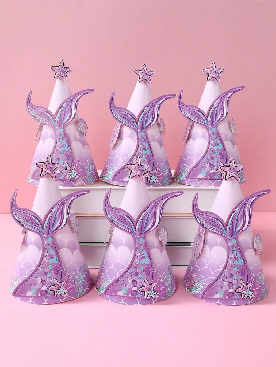 6pcs Mermaid Birthday Party Hats,DIY Purple Butterfly Tail Pattern Baby Shower Party Paper Hats,Mermaid Party Hats, Diy Mermaid Theme Hat With Mermaid Tail Decorative Stickers, 1st Birthday Party Handicraft Hat, Baby Shower Party Accessories Hats,Baby Shower Decor,1st Birthday Decor,Gender Reveal Party Decor,Baby Birthday Party Supplies,Baby Shower Gift,Party Favor - Mermaid - View 1