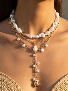 3pcs Exaggerated Irregular Pearl Tassel Layered Necklace, Suitable For Women's Daily, Travel, Party Wear - Multicolor - View 1
