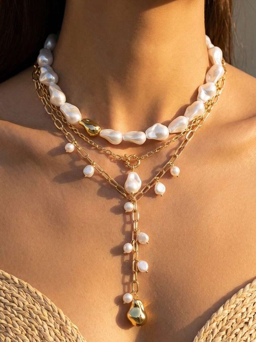 3pcs Exaggerated Irregular Pearl Tassel Layered Necklace, Suitable For Women's Daily, Travel, Party Wear - Multicolor - View 1