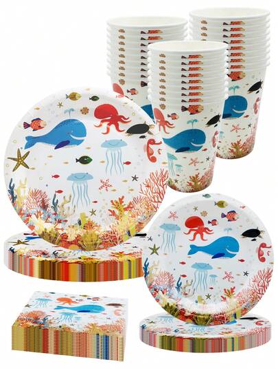 Bộ 10 món đồ dùng trang trí tiệc sinh nhật/tiệc mừng em bé theo chủ đề đại dương, thế giới dưới nước với các loài động vật biển, gồm đĩa, cốc, khăn ăn và dao nĩa, phù hợp cho 10 khách.