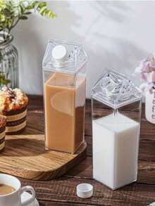 1 bình nước vuông trong suốt, kiểu hộp sữa di động, có thể tái sử dụng, thích hợp đựng sữa, cà phê, các loại nước ép, lý tưởng cho hoạt động thể dục ngoài trời, leo núi, du lịch, cốc cà phê. - Nhiều màu - Xem 2
