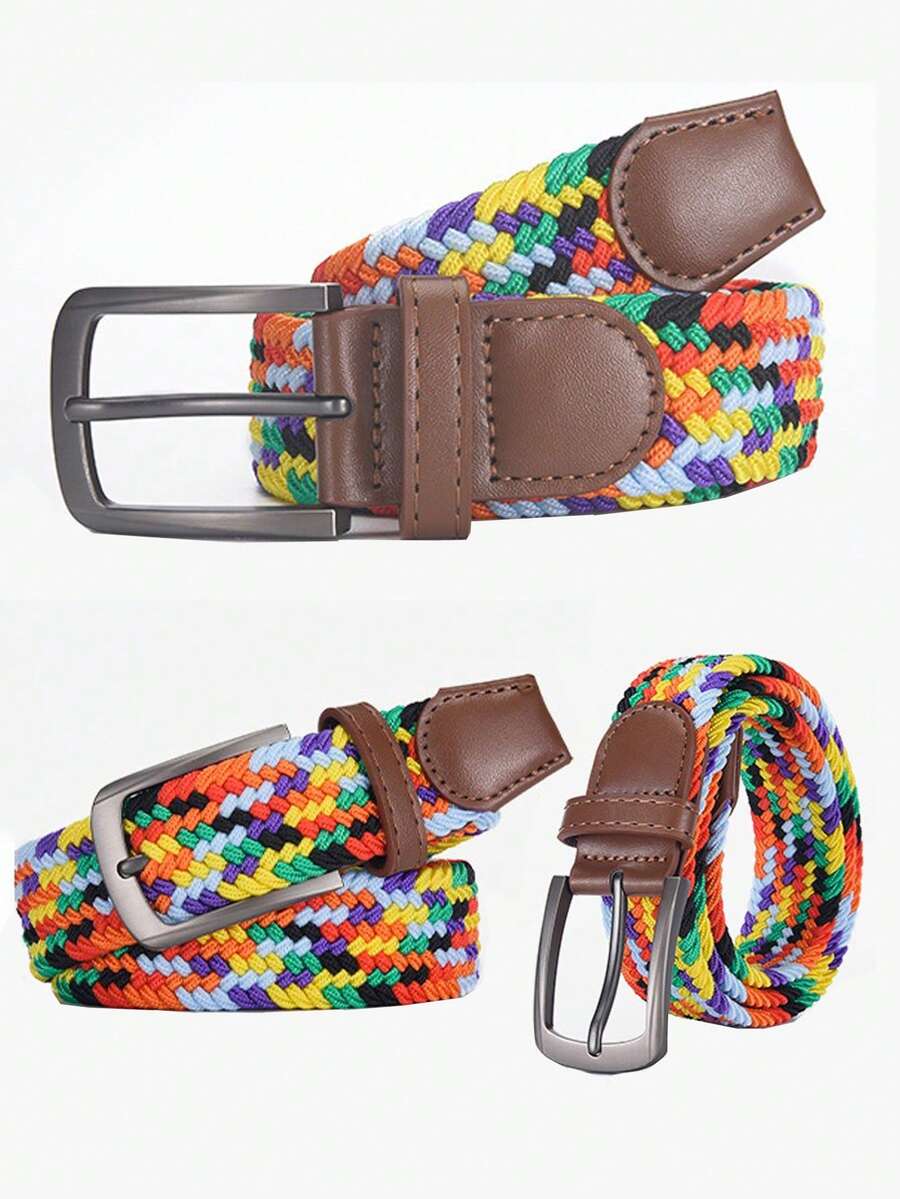 1pc Unisex Elastic Woven Stretch Belt, Adjustable Canvas Belt With Alloy Buckle, No Hole Design - A - View 1