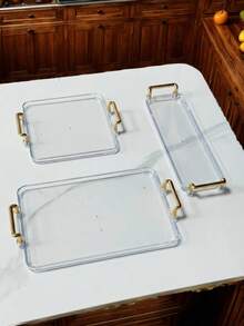1pc Transparent Tray With Golden Dual Handles, Dessert Serving Tray, Afternoon Tea Tray - Clear - View 4