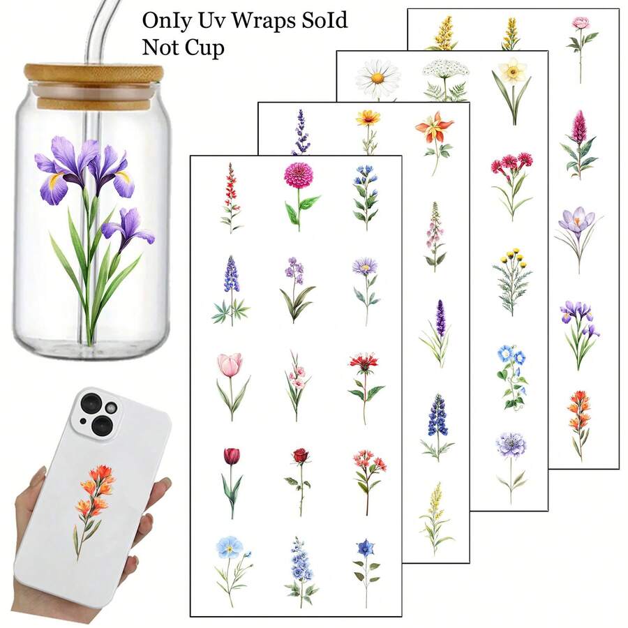 4pcs Rub On UV Dtf Transfer Stickers, With Realistic Floral Design Plastic Decals For 16oz Glass, High-Quality DIY Crafts Pack For Tumblers & Drinkware Single Use Plastic Quotes Suitable For Home Decor, Crafts - Multicolor - View 1