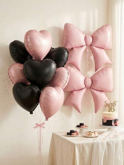 Pink & Black Heart Shaped Balloons, Light Pink Bow Balloons, 10pcs 18" Heart Balloons, And 38" Helium Bow Foil Balloons, Suitable For Decorating Girls And Women's Birthday, Valentine's Day, Bridal Wedding And Party