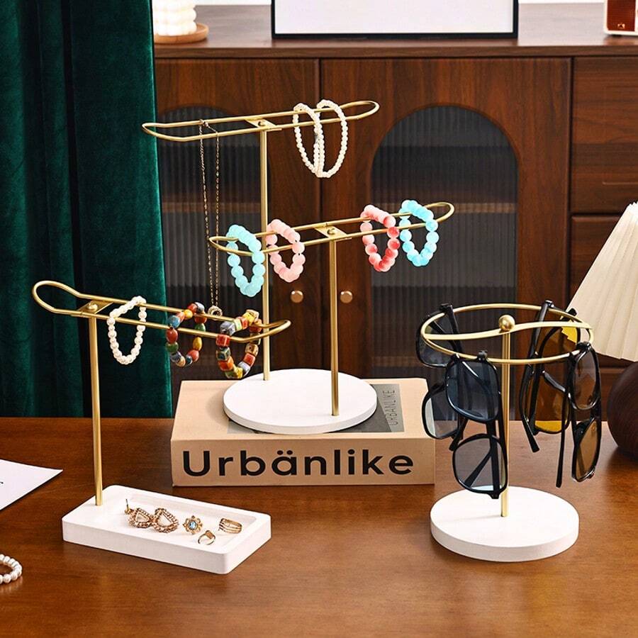 1 chiếc kệ trang điểm đa năng, đế kim loại và gỗ, giá đựng kính mắt và trang sức, màu đen và vàng, giá trưng bày đồ trang điểm, bông tai và dây chuyền. - Nhiều màu - Xem 1