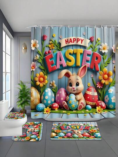 1/4pcs Happy Easter Bunny Egg Print Waterproof Bathroom Curtain Set, Tranquil Healing, Waterproof Anti-Mildew Thick Polyester, No Drill Installation, Anti-Slip Mat, Absorbent Toilet Pad, Digital Printing, Fade-Resistant, Machine Washable, All Season, Easter Holiday Limited Edition