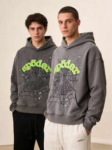 2-Piece Set Men's Hip Hop Spider Web Pattern Graphic Alphabet Print Harajuku Vintage Hoodie Long Sleeve Street Wear Top For Both Men And Women Oversized Hoodies,Y2k Hoodies, - 灰色*2 - 查看 2