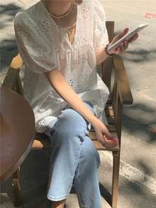 V-Neck Hollow White Shirt Dress, Loose Design Unique Lace Blouse, Mid-Length For Summer - White - View 3