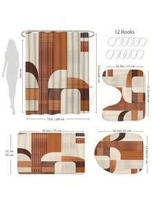 Bohemian Geometric Shower Curtain Set: 71" X 71" Polyester Curtain With 12 Hooks, Brown, White, And Beige Bath Mat, U-Shaped Toilet Mat, And Lid Cover - Machine Washable, Waterproof, And Seasonal - A - View 4
