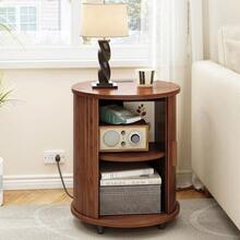 Fluted Round End Table Set Of 2, Mid Century Bedside Table With Sliding Door & 2 Tier Storage, Modern Nightstands Set Of 2 For Living Room, Bedroom, Entryway, Walnut - Xem 1