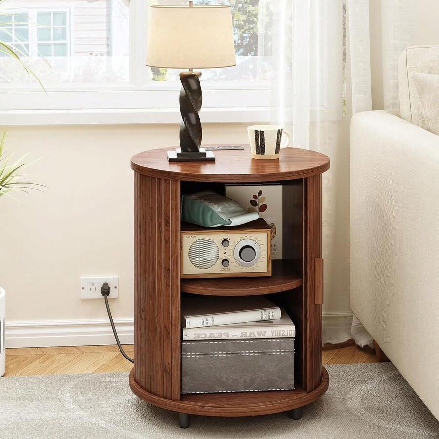 Fluted Round End Table Set Of 2, Mid Century Bedside Table With Sliding Door & 2 Tier Storage, Modern Nightstands Set Of 2 For Living Room, Bedroom, Entryway, Walnut - Xem 1