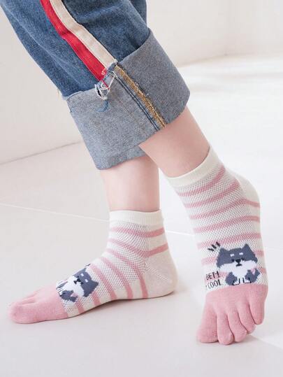 1双/5双装 女士舒适网眼卡通条纹胖猫图案中筒五趾袜，适合户外穿着
