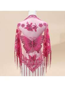 29.5inch * 55.1inch Triangle Scarf, Butterfly Flower Embroidered Lace Tassel Shawl, Elegant Breathable Windproof Outdoor Accessories - 黑色 - 查看 8