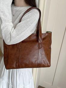 New Arrival Solid Color Luxury Minimalist Versatile Women Shoulder Tote Bag - Brown - View 6