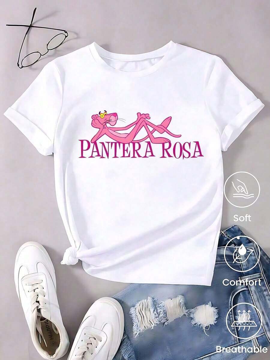 Women's White T-Shirt With Graphic And Sunglasses, Retro Cartoon Aesthetic Short Sleeve T-Shirt, Fun Modern Top, Casual Street Fashion Blouse - 藍色 - 查看 1