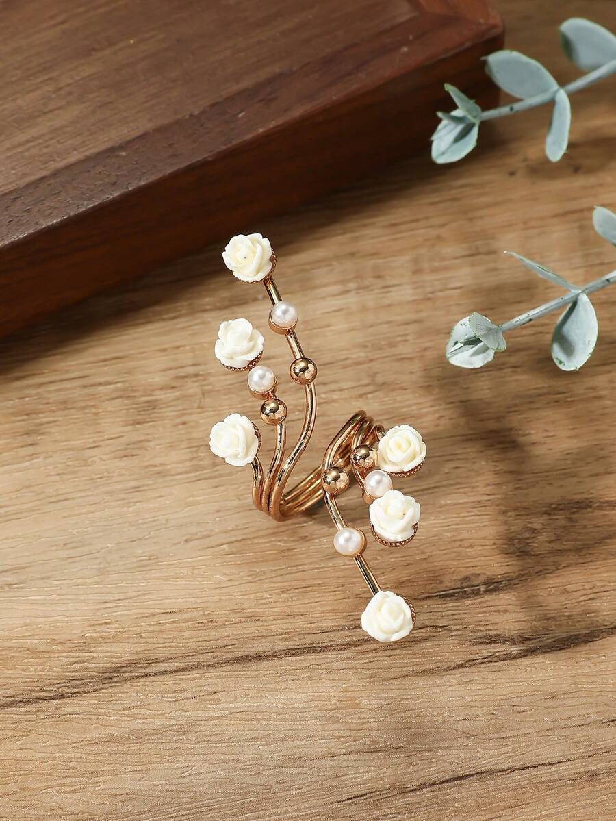 2pcs Fashionable Minimalist White Flower Open Ring, Suitable For Daily Wear - X1794 + Plain Ring - View 1