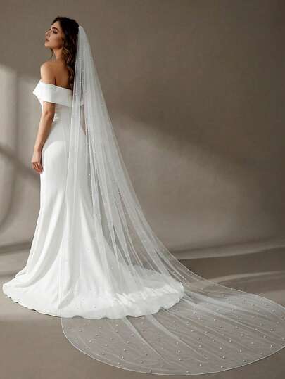 1件装多尺寸单层蕾丝边新娘头纱，饰以人造珍珠，适合新娘婚礼、单身派对、婚纱照，附赠发梳