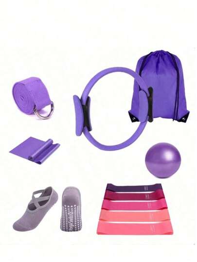 11件套普拉提圈套装 - 女士家用健身器材 - 包括阻力带、普拉提迷你瑜伽球、瑜伽袜、拉伸带、力量训练圆盘，并配有束口袋。适用于腿部、手臂、大腿及其他居家锻炼。