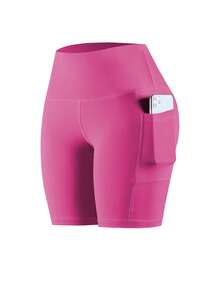 大码女士休闲紧身短裤，高腰显瘦瑜伽短裤，带口袋，春夏时尚运动骑行短裤 - 玫紅色 - 查看 7
