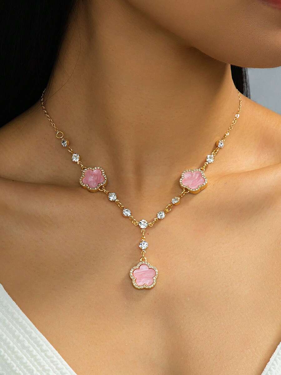 1件优雅奢华闪亮高端粉色四叶草吊坠项链（女士款） - 粉色 - 查看 1