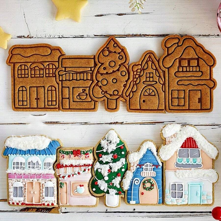 Bộ khuôn cắt bánh hình làng bánh gừng Giáng sinh | Khuôn nướng hình nhà và cây thông Noel. Tự tay xây dựng thị trấn bánh gừng lễ hội cho các bữa tiệc Giáng sinh và quà tặng ngày lễ! - Xem 1