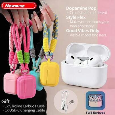 Newmine ワイヤレスイヤホン - 迅速配送、ワイヤレスBluetoothイヤホン、5.3自動ペアリング、高音質、スマートノイズキャンセリング、iPhone/Androidと互換性あり、ゲーミング、音楽、必須のホリデーギフト、USB Type-C、ジムでの使用に最適、ドーパミンカラーのシリコンプロテクティブケース付属