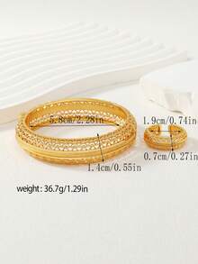 两件套中东斋月沙特阿拉伯风格镀金镂空宽手镯和戒指首饰套装，包含1个手镯和1枚戒指 - 金黃色 - 查看 4