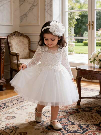 Baby Girls' Pink Long Sleeve Elegant Tulle Princess Dress, Suitable For Parties