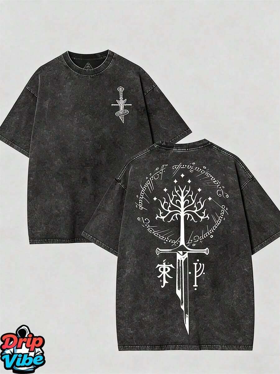 Break The SystemLOTR LOTR Middle Earth Shirt, JRR Tolkien Hoodie, Merch, LOTR Sweatshirt, Menswear Top Apparel Men Gifts Vintage DistressedRound Neck Loose Fit T-Shirt - 黑色 - 查看 1