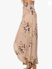 Women Boho Print High Waist Side Wrap Bohemian Asymmetric Hem Maxi Long Skirt - Màu Khaki - Xem 5