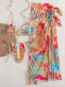 3pcs Women's Sexy Floral Print Bikini Set With Tie-Up Back And Mesh Skirt, Summer Vacation Beach - 多色 2 - 查看 7