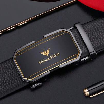  WilliamPOLO Faux Leather Automatic Buckle Belt, Men's Business Casual Waist Belt, Adjustable Versatile Pants Strap