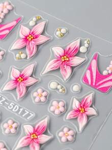 2pcs Pink Blooming Flower Nail Stickers, 5D Embossed Petals, Soft Carved Pearl Beads, French Line Modeling Nail Art Stickers, DIY Nail Supplies For Wedding, Holiday Nail Charm Decor - Multicolor - View 5
