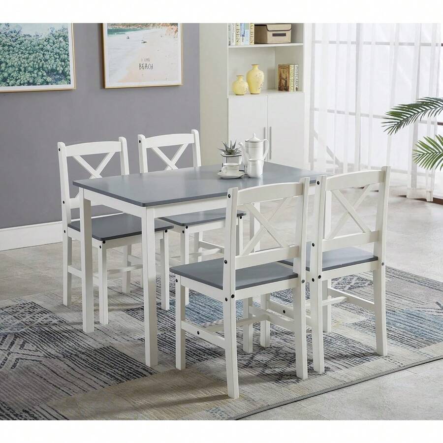 Direct Classic Solid Wooden Dining Table And 4 Chairs Set Kitchen Home - Light Gray - View 1