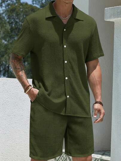 2pcs/Set Fashionable Jacquard Weave Casual Loose Short Sleeve Shirt And Pants Set, Versatile Lightweight Beach Holiday Outfit, Suitable As Gift For Husband/Boyfriend