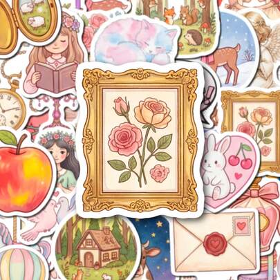 50张复古美学贴纸，异想天开的花卉和田园风图案，非常适合用于日记、剪贴簿、笔记本电脑、水瓶、文具装饰，是创意人士、手工爱好者、子弹笔记爱好者和DIY项目爱好者的理想之选。迷人的玫瑰、猫咪、森林和乡村小屋设计，自粘防水乙烯基贴纸，剪贴簿用品，趣味贴纸，Kindle适用。