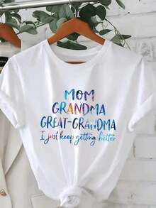 Camiseta estampada para mujeres - 'Mamá, abuela, abuela abuela, me estoy mejorando' con estampado de letras coloridas, cuello redondo, manga corta, top casual, camiseta transpirable para fiestas de verano, estilo relajado de fin de semana, diseño de texto divertido, tela cómoda, estilo moderno y simple para mamás y abuelas, camiseta ligera - Blanco - Ver 1