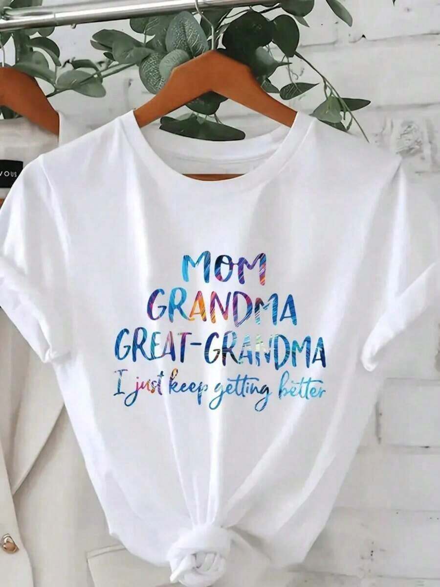 Camiseta estampada para mujeres - 'Mamá, abuela, abuela abuela, me estoy mejorando' con estampado de letras coloridas, cuello redondo, manga corta, top casual, camiseta transpirable para fiestas de verano, estilo relajado de fin de semana, diseño de texto divertido, tela cómoda, estilo moderno y simple para mamás y abuelas, camiseta ligera - Blanco - Ver 1