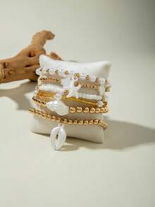 imoli 6件套时尚波西米亚海洋系列玻璃珠树脂珍珠四叶草海星贝壳叠层手链套装，适合女性海滩度假、节日派对、珠宝礼品 - 31285-ank-white-EP - 查看 7